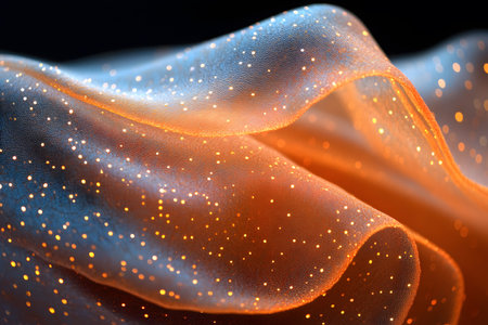 Luxurious fabric with a glowing, shimmering effect, showcasing intricate sparkle detail. the interplay of light and shadow highlights the texture and elegance, perfect for use in fashion, interior design, or advertising. Generative AIの素材