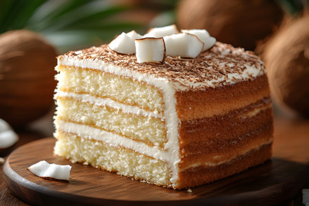 A three-layer coconut cake slice is garnished with shaved chocolate and coconut pieces, beautifully arranged on a wooden platter. the cake layers are richly filled with creamy frosting, the tropical theme. Generative AIの素材