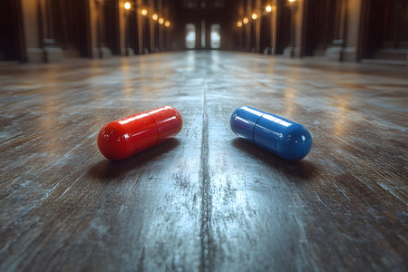 Two contrasting pills, one red and one blue, are positioned symmetrically on a reflective wooden floor in a dimly lit, grand hallway. the scene evokes themes of decision-making and philosophical choice, often associated with pivotal moments. Generative AIの素材