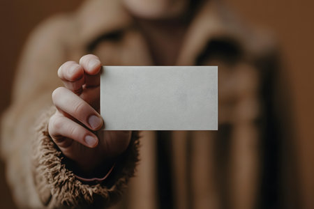 A close-up shot of a person holding a blank business card against a blurred background, ideal for showcasing branding or design concepts. the neutral palette emphasizes versatility for various creative projects. Generative AIの素材