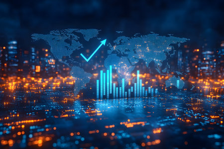 Stylized digital world map with glowing orange and blue data points symbolizes global financial growth. bar charts and an upward arrow highlight concepts of data analysis and economic trends against a futuristic city backdrop. Generative AIの素材