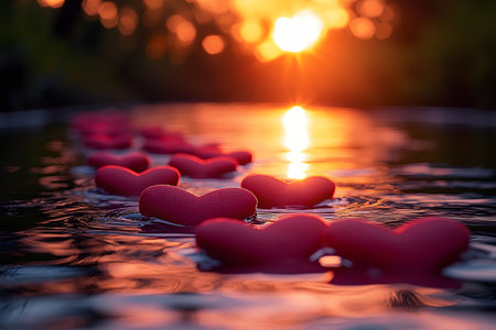 Floating red hearts drift serenely on a water surface at sunset. the warm, golden hues of the setting sun reflect on the rippling water, creating a romantic and peaceful ambiance, perfect for themes of love and tranquility. Generative AIの素材