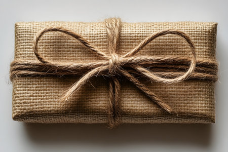 Burlap-wrapped gift adorned with a simple twine bow, showcasing a rustic, eco-friendly aesthetic suitable for nature-themed celebrations, sustainable gift-giving, or decor. the texture and natural materials offer a charming, minimalist appeal. Generative AIの素材