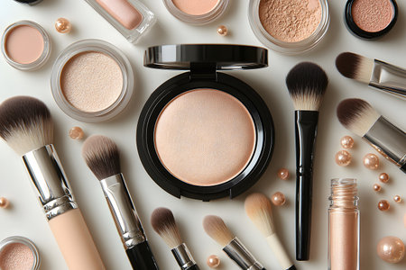 Flat lay of assorted cosmetic beauty products and makeup brushes on a clean surface. the arrangement includes compact powders, loose powders, eye shadows, foundation, and tools, suitable for beauty and skincare promotions. Generative AIの素材