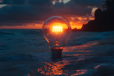 A glowing light bulb floats gently on ocean waves against a dramatic sunset backdrop, symbolizing innovation and creativity. the warm tones of the sunset enhance the contrast between nature and technology. Generative AIの素材