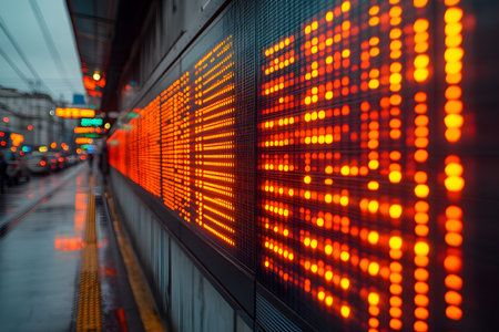 Dynamic led information boards display transit schedules at an urban transportation hub. a blurred street scene with lights and distant vehicles creates a sense of bustling city life and modern connectivity. Generative AIの素材