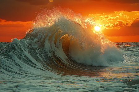 Dynamic ocean wave captured against a vibrant sunset backdrop, evoking a sense of power and tranquility. the interplay of warm colors and turbulent sea creates a dramatic and captivating seascape perfect for nature-themed artwork. Generative AIの素材