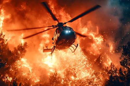 Helicopter hovers over a massive wildfire, dropping water to combat the raging flames. intense firelight illuminates the scene, the urgency and skill involved in aerial firefighting efforts amidst a dense forest blaze. Generative AIの素材