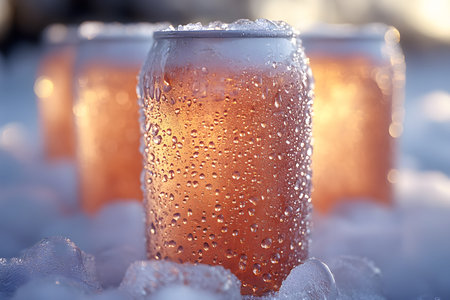 Chilled beverage cans are enveloped in dew, set against an icy backdrop that enhances their refreshing appeal. the scene evokes a sense of thirst-quenching coolness, ideal for advertising beverages or conveying refreshment. Generative AIの素材
