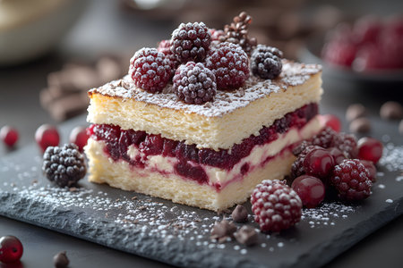 Elegant berry layer cake topped with an assortment of fresh blackberries and cranberries, dusted with powdered sugar. set on a slate platter against a blurred background, creating a refined dessert presentation. Generative AIの素材