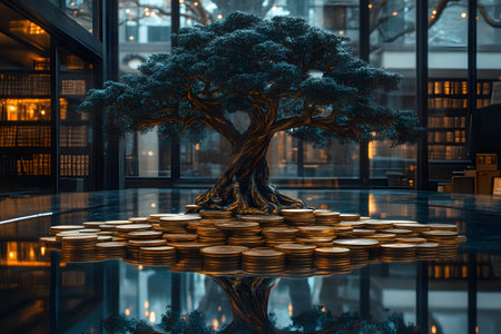 A striking bonsai tree flourishing atop a pile of gold coins in a contemporary setting. symbolizes financial growth, prosperity, and the organic relationship between nature and wealth, ideal for financial or investment themes. Generative AIの素材