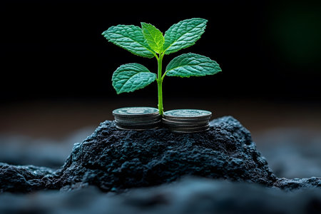 A small plant with lush green leaves grows from stacks of coins set against a dark, organic backdrop, symbolizing financial growth, sustainability, and investment potential. ideal for concepts related to economics, nature, and prosperity. Generative AIの素材