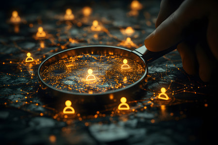 A magnifying glass zooms in on glowing person icons interconnected by a network. the scene emphasizes digital communication and social connectivity, data analysis, technology, and online networking concepts. Generative AIの素材