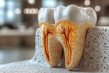 A detailed anatomical illustration of two teeth the internal nerve structure, set against a blurred background. this image serves as an educational tool for dental studies and health awareness. Generative AIの素材