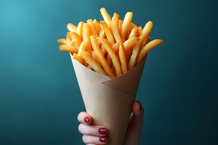Crispy golden french fries are elegantly presented in a brown paper cone, held up against a rich teal background. the hand, with polished red nails, adds a touch of contrast and sophistication, the snack's appetizing appeal. Generative AIの素材