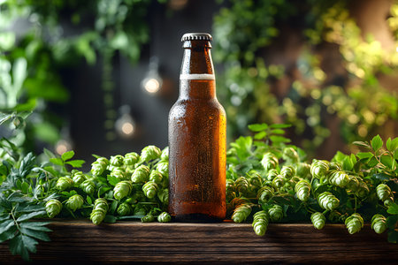A chilled bottle of craft beer stands amidst fresh hops on a rustic wooden surface. the background features a natural, leafy setting, creating an inviting atmosphere ideal for brewery or beverage advertising. Generative AIの素材