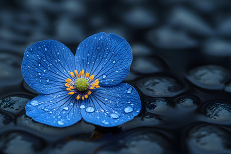 A vibrant blue flower adorned with dewdrops rests on a glossy, dark surface. the intricate petal veins and water droplets create a striking contrast, the delicate beauty of the flower against the reflective background. Generative AIの素材
