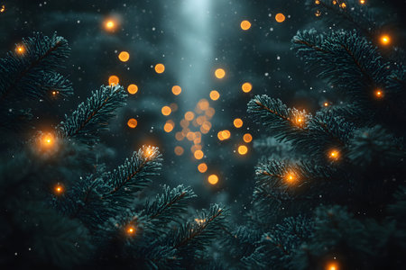 Tranquil winter forest showcasing evergreen branches adorned with warm, glowing lights. a soft snowfall creates a magical, festive ambiance perfect for holiday design, posters, or seasonal greeting cards. Generative AIの素材