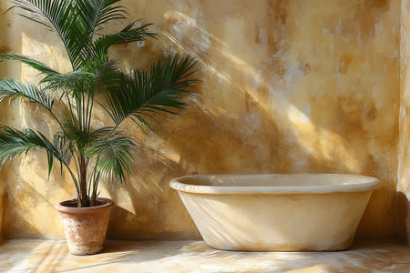 A tranquil bathroom scene showcasing a modern bathtub set against a rustic, textured wall. natural light casts soft shadows, accentuating the lush green potted plant beside the tub, creating a serene, spa-like atmosphere. Generative AIの素材
