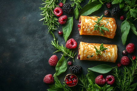Gourmet crepes filled with vibrant berries, surrounded by fresh rosemary and mint leaves on a dark rustic background. the intricate presentation highlights the rich colors and textures, perfect for culinary and food design projects. Generative AIの素材