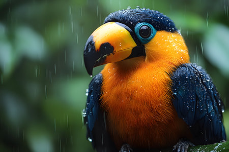 A vibrant toucan with striking orange and blue plumage is perched on a branch amidst a rainforest. raindrops glisten on its feathers, creating a serene and natural scene in the lush greenery. Generative AIの素材