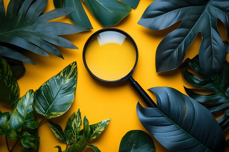 Magnifying glass centered among lush, green tropical leaves on a vibrant yellow surface, symbolizing exploration, discovery, and the beauty of nature. ideal for themes of investigation, botany, and environmental awareness. Generative AIの素材