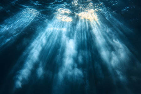 Sunlight penetrates the ocean's surface, casting ethereal rays through the deep blue water. the play of light creates a serene and mystical underwater atmosphere, the beauty and wonder of the marine environment. Generative AIの素材