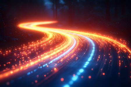 Futuristic light trails weave a vibrant path through a dark forest, illuminated by glowing orange and blue lines. the dynamic motion and abstract design evoke a sense of speed and technology in a mysterious natural setting. Generative AIの素材