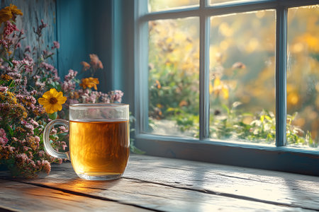 A serene autumn morning scene featuring a steaming cup of tea on a rustic wooden table, surrounded by a vibrant floral arrangement. warm sunlight filters through a window, the rich autumn colors and creating a cozy atmosphere. Generative AIの素材