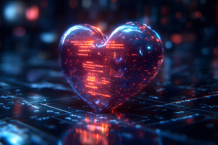 A glowing digital heart with embedded circuitry on a technological circuit board background, symbolizing the fusion of love and technology. the scene combines futuristic elements with emotional themes, ideal for modern valentine's day designs. Generative AIの素材