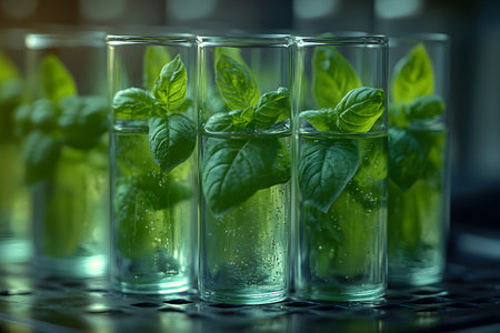 Fresh basil leaves immersed in transparent glasses filled with water create a vibrant and refreshing scene. highlighting natural themes, this image represents culinary freshness and organic lifestyle, perfect for design and promotional materials. Generative AIの素材