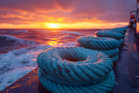 Blue ropes neatly coiled on a ship deck frame a stunning ocean sunset. the vibrant orange and pink hues contrast with the deep blue waves, reflecting a tranquil yet dynamic seascape experience. Generative AIの素材