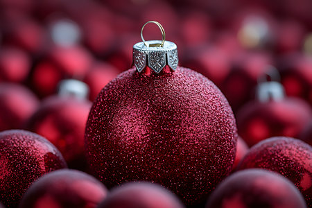 Red christmas ornament with a glittery finish surrounded by similar decorations. perfect for adding a festive touch to holiday decor. captures the essence of christmas with vibrant color and sparkle, ideal for seasonal promotions. Generative AIの素材