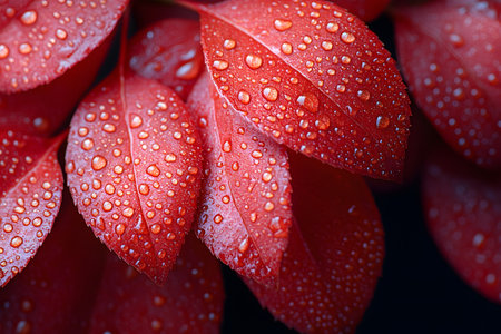 Close-up of vibrant red leaves adorned with glistening water droplets, showcasing the intricate texture and rich color contrasts. ideal for nature-inspired art, botanical studies, or seasonal designs. Generative AIの素材