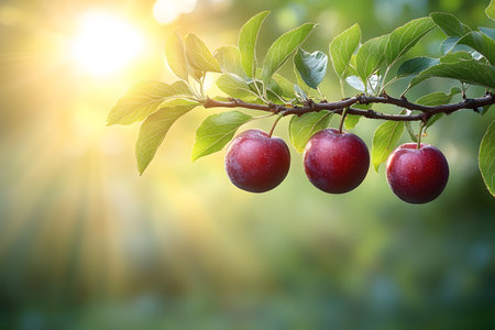 Ripe red apples hang from a tree branch, basking in the warm glow of a sunlit orchard. the rich green leaves and soft sunlight create a serene and natural atmosphere, ideal for themes of harvest, abundance, and seasonal beauty. Generative AIの素材