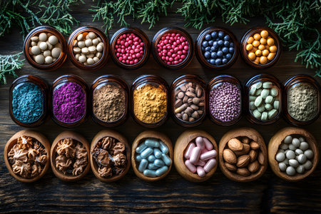 A diverse collection of natural supplements, herbal capsules, and colorful powders arranged in wooden bowls and glass jars, symbolizing holistic health and wellness. the vibrant display emphasizes natural ingredients and healthy living. Generative AIの素材