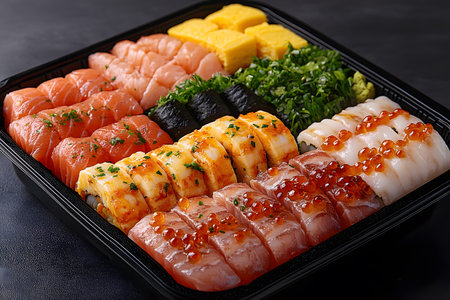 A vibrant sushi platter featuring a variety of fresh fish, tamagoyaki, and garnishes like seaweed. the arrangement showcases colorful sushi rolls topped with salmon, fish roe, and more, set against a dark background. Generative AIの素材