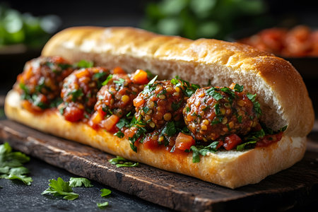 Vegan meatball sub garnished with fresh herbs on a rustic wooden board. lentil and herb meatballs rest in a soft baguette, topped with tomato sauce, surrounded by a blurred green background for a cozy ambiance. Generative AIの素材