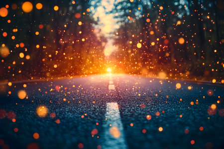 A road stretches into the distance, illuminated by a mesmerizing sunset. the scene is enhanced by golden bokeh lights that create a dreamlike, magical atmosphere. ideal for concepts of journey, inspiration, and tranquility. Generative AIの素材