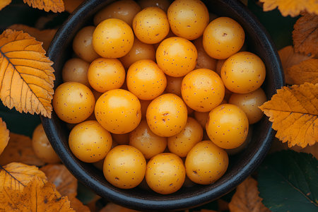 A wooden bowl filled with ripe yellow plums, surrounded by vibrant autumn leaves. the warm, earthy tones create a perfect fall ambiance, the natural beauty and bounty of the autumn harvest. Generative AIの素材