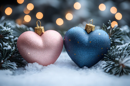 Sparkling pink and blue heart-shaped christmas ornaments rest delicately on a snow-covered surface. surrounded by pine branches, the scene glows with soft, warm bokeh lights, evoking a cozy and festive holiday atmosphere. Generative AIの素材