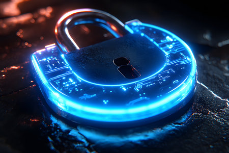 High-tech padlock illuminated with neon lights, symbolizing advanced cybersecurity and data protection. the digital circuit pattern enhances the theme of secure networks and technological innovation. Generative AIの素材