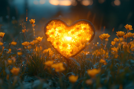 A glowing wicker heart adorned with vibrant yellow daisies radiates warmth amid a serene meadow. the early morning light enhances the tranquility and romantic ambiance, casting a gentle, golden glow over dewy grass and flowers. Generative AIの素材
