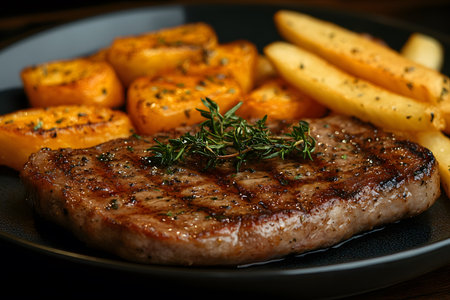 A succulent grilled steak garnished with fresh thyme rests on a dark plate, surrounded by seasoned roasted vegetables, including golden potatoes and crispy fries. the meal showcases a balance of textures and flavors, ideal for gourmet dining and food presentations. Generative AIの素材