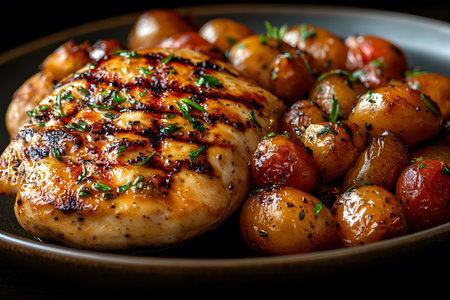 Grilled chicken breast seasoned and cooked to perfection, paired with a side of roasted baby potatoes. the dish is garnished with fresh herbs, creating a visually appealing and delicious gourmet meal ideal for dining presentations. Generative AIの素材