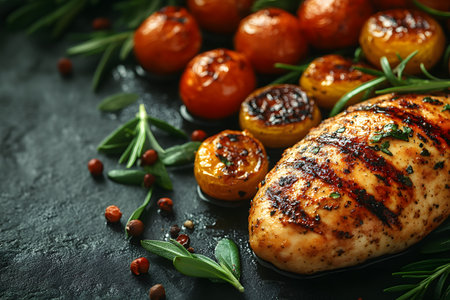 Juicy grilled chicken breast accompanied by roasted cherry tomatoes and garnished with fresh rosemary and peppercorns. this gourmet dish highlights succulent flavors and vibrant colors, perfect for culinary presentations and food blogs. Generative AIの素材