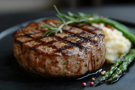 A gourmet meal featuring a juicy, perfectly grilled steak with defined grill marks, served alongside creamy mashed potatoes and fresh asparagus spears. garnished with a sprig of rosemary and peppercorns, this dish offers a blend of flavor and presentation. Generative AIの素材