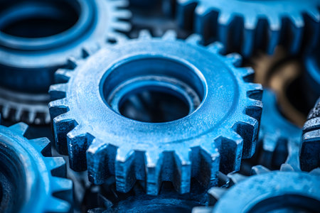 Close-up view of interlocking blue metal gears demonstrating intricate machinery design. highlights the precision engineering required in industrial manufacturing processes, symbolizing teamwork and collaboration in technology. Generative AIの素材
