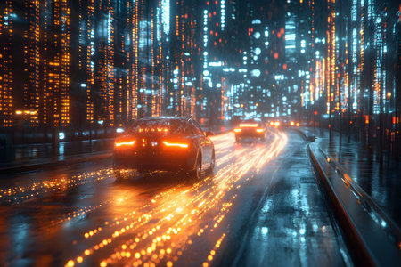 A vibrant futuristic cityscape featuring sleek cars racing through a rain-soaked street, leaving dynamic light trails. illuminated high-rise buildings and neon lights create a bustling, high-energy urban atmosphere. Generative AIの素材