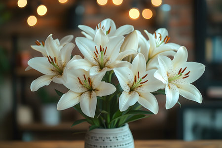 A beautiful arrangement of white lilies in a decorative vase against a softly illuminated backdrop. the blurred bokeh lights add warmth and sophistication, making it perfect for home decor or floral-themed designs. Generative AIの素材